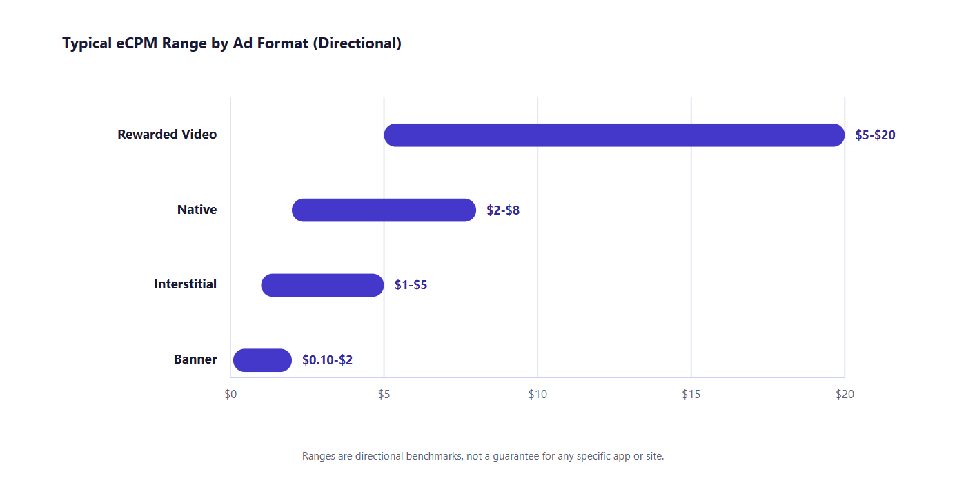 Bar chart of typical eCPM ranges by ad format: banner $0.10-$2, interstitial $1-$5, native $2-$8, rewarded video $5-$20